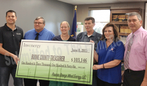 Invenergy LLC representatives, including Luke Henkle, also presented Boone County officials will a check on Monday. Photo submitted