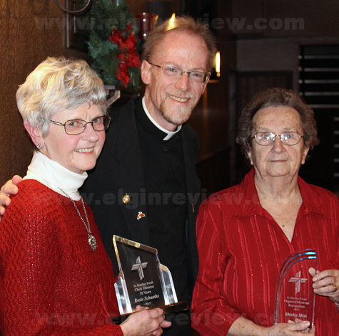 Now-retired St. Boniface Choir Director Rosie Schueths, Fr. Ross Burkhalter and now-retired organist Shirley Meis. Photo submitted
