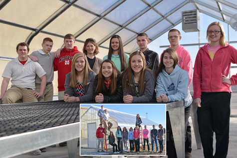 Some of the Elgin FFA Chapter members gathered inside and outside of the new greenhouse. Pictured are (inside photo, left to right): Miles Schrage, Cole Preister, Justin Funk, Heather Bauer, Advisor Mrs. Julia Schwartz, Lizzy Mlnarik, Grace Henn, Liz Selting, Hayes Miller, Eli Heilhecker, Geoffrey Carr and Taylor Sehi. E-R photo