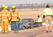 Two-Vehicle Accident North Of Elgin Claims Life Of South Dakota Man Antelope County Sheriff Bob Moore (with clipboard), the Nebraska State Patrol and members of Elgin Fire & Rescue were at the scene. E-R photo