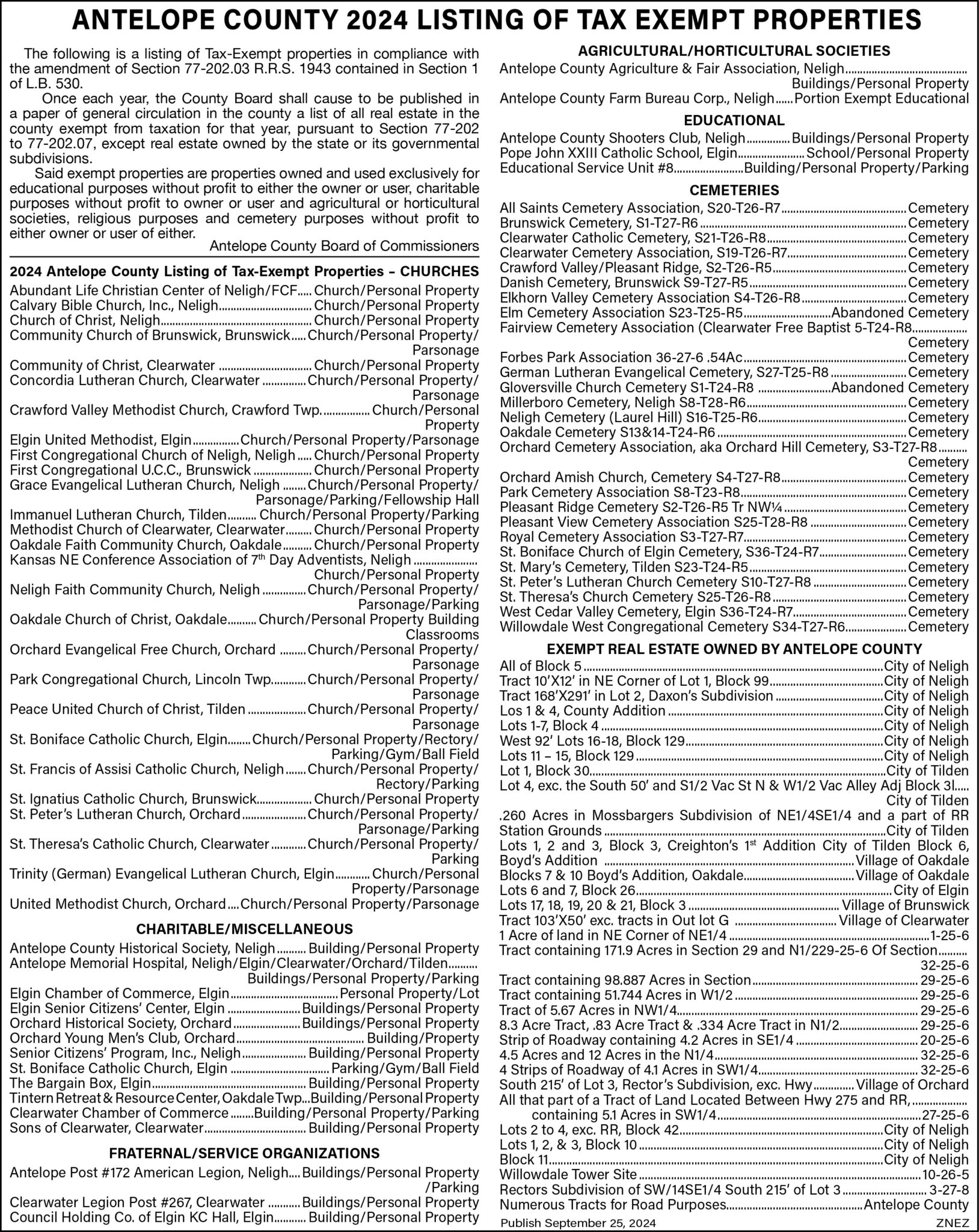 Antelope County 2024 Listing of Tax Exempt Properties The Elgin
