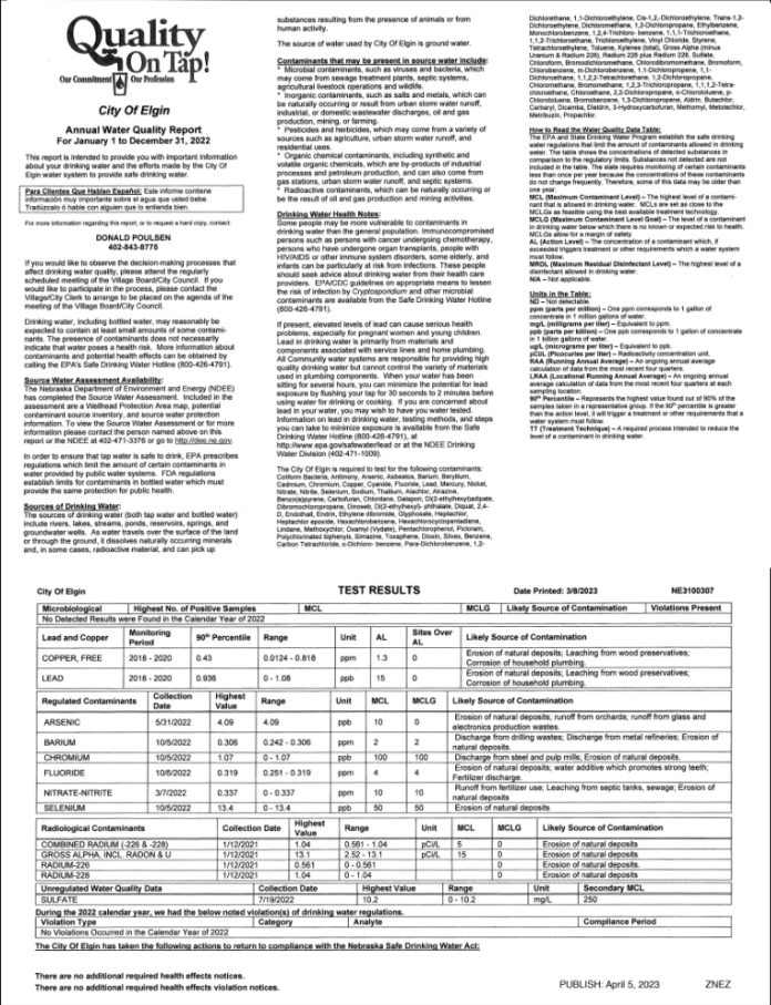 City of Elgin Annual Water Quality Report The Elgin Review Online Edition