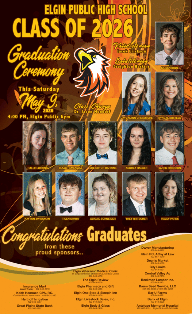 Elgin High School, Graduates, Kaiden Bode, Kyndal Busteed, JaydaLynn Chessmore, Jarek Erickson, Andrea Hansen, Creighton Harkins, Isaac Hemenway, Halle Lueking, Haley Parks, Trey Rittscher, Abigail Schneider, Ticen Sparr, Kayton Zwingman, The Elgin Review, Antelope County, Nebraska, news