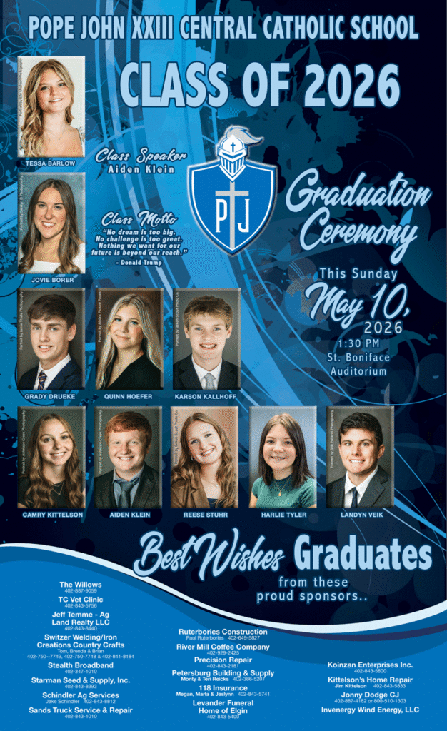Pope John XXIII Central Catholic High School, Graduates, Tessa Barlow, Jovie Borer, Grady Drueke, Quinn Hoefer, Karson Kallhoff, Camry Kittelson, Aiden Klein, Reese Stuhr, Harlie Tyler, Landyn Veik, PJCC, The Elgin Review, Antelope County, Nebraska, news