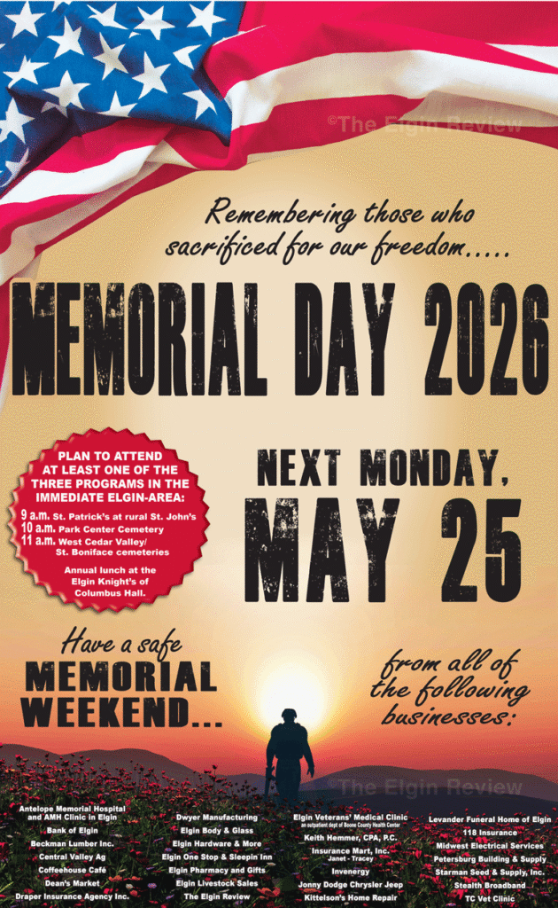 Memorial Day, West Cedar Valley, St. Boniface, Elgin Nebraska, 2026, cemeteries, Park Center, Elgin Review
