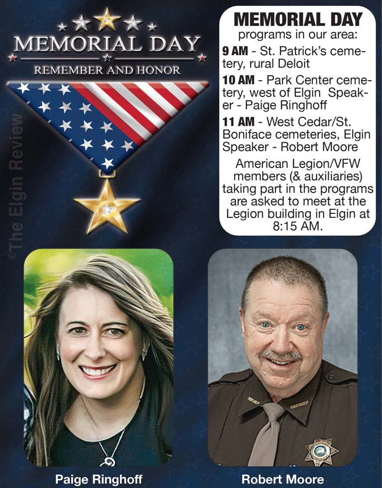 Memorial day programs, Elgin Nebraska, Elgin Review, Paige Redding, Paige Ringhoff, Robert Moore, Bob Moor, West Cedar Valley, St. Boniface, Park Center, cemeteries, Antelope County, 2026