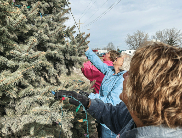 Members of the Young N' Lively prepare for the Christmas season by hanging lights.